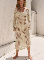 2026 Sexy Hollow-Out Long-Sleeve Knitted Sweater Beach Bikini Cover-Up