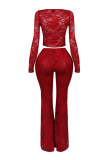 2026 Sexy Strappy Hollow-Out Cardigan Long-Sleeve Lace Top and Lace Pants Two-Piece Set