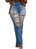 Casual Elastic Waist Ripped Frayed Hem Straight Leg Jeans