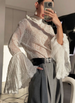 Sexy Lace Ruffle-sleeved Blouse With A Flowing Tie Collar