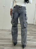 Fashionable Loose Straight-Leg Long Jeans With Multiple Pockets