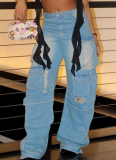 Fashionable Loose Straight-Leg Long Jeans With Multiple Pockets