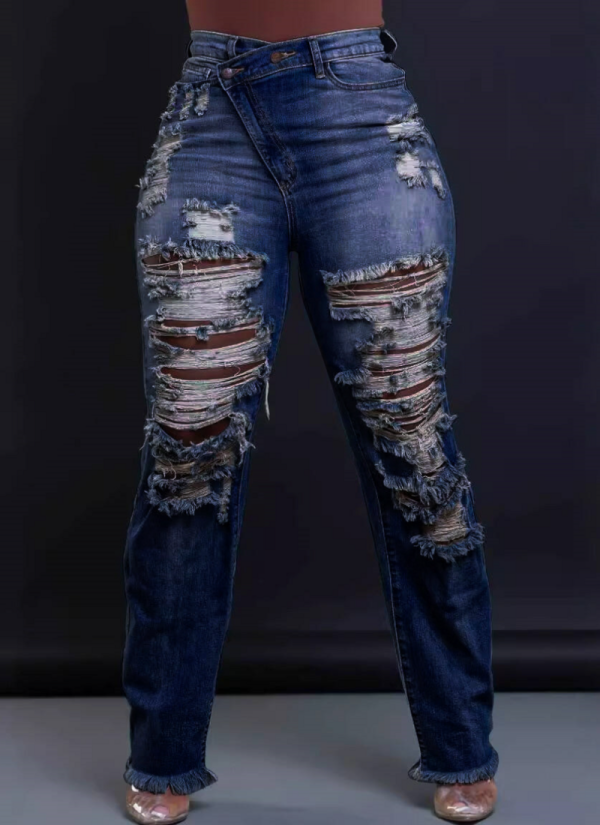 Casual Elastic Waist Ripped Frayed Hem Straight Leg Jeans