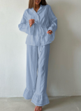 2026 New Arrival Cotton Lapel Long-Sleeved Ruffled Tie-Waist Shirt and Pants Two-Piece Set