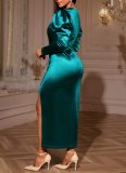 2026 Sexy Satin V-neck Puff Sleeve Buttoned Ruched Waist Slit Dress