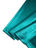 2026 Sexy Satin V-neck Puff Sleeve Buttoned Ruched Waist Slit Dress