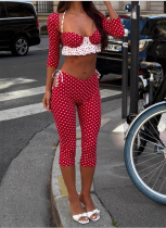2026 Sexy Retro Polka Dot Halter Neck Bandeau Top Short-Sleeved Top and Cropped Pants Three-Piece Set