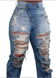 Casual Elastic Waist Ripped Frayed Hem Straight Leg Jeans