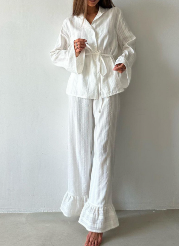2026 New Arrival Cotton Lapel Long-Sleeved Ruffled Tie-Waist Shirt and Pants Two-Piece Set