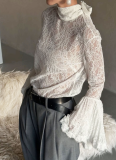 Sexy Lace Ruffle-sleeved Blouse With A Flowing Tie Collar