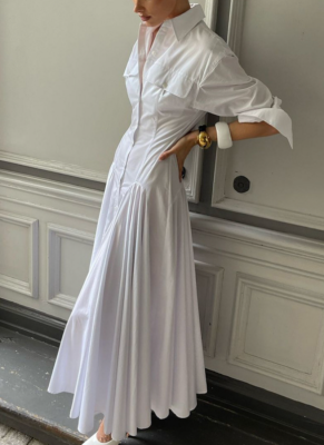 2026 New Arrival Lapel Collar Long-Sleeve Pleated Single-Breasted Shirt Dress