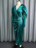 2026 Sexy Satin V-neck Puff Sleeve Buttoned Ruched Waist Slit Dress