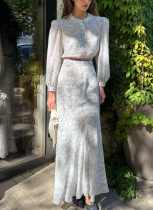 2026 Fashionable Printed Round-Neck Long-Sleeve Top and High-Waisted Long Skirt Two-Piece Set