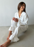 2026 New Arrival Cotton Lapel Long-Sleeved Ruffled Tie-Waist Shirt and Pants Two-Piece Set