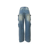 Fashionable Loose Straight-Leg Long Jeans With Multiple Pockets