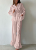 2026 New Arrival Cotton Lapel Long-Sleeved Ruffled Tie-Waist Shirt and Pants Two-Piece Set