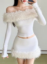 Fashionable Patchwork Fur Collar Off-the-Shoulder Top and Bodycon Skirt Set