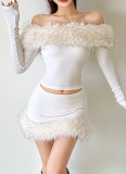 Fashionable Patchwork Fur Collar Off-the-Shoulder Top and Bodycon Skirt Set