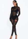 Sexy See-Through Long-Sleeved Mesh Jumpsuit With Trousers