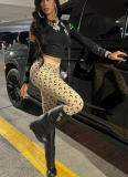 Fashion Moon Print Design Stretch Slim-Fit Sexy Long-Sleeve Top and Pants Set