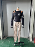 Fashion Moon Print Design Stretch Slim-Fit Long-Sleeved Top and Pants Set