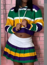 Casual Sporty Striped Placement Print Ruched Skirt Two-Piece Set