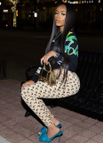 Fashion Moon Print Design Stretch Slim-Fit Sexy Long-Sleeve Top and Pants Set