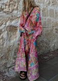 Fashion Printed Long-Sleeved V-Neck Loose Pants Set