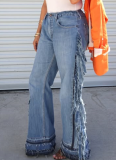 Fashionable New Style Patchwork Tassel Color-Washed Denim Jeans