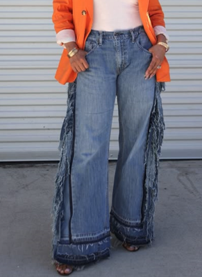 Fashionable New Style Patchwork Tassel Color-Washed Denim Jeans