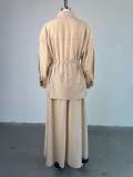 2026 Solid Color Lapel Tie Loose Long Sleeve Shirt High Waist Long Skirt Set