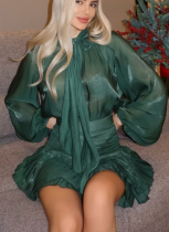 Fashion Bow Tie Belt Top High Waist Pleated Skirt Set