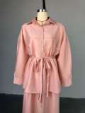 2026 Solid Color Lapel Tie Loose Long Sleeve Shirt High Waist Long Skirt Set