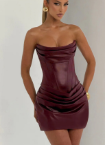 Solid Color Sexy PU Pleated Fishbone Strapless A-line Dress