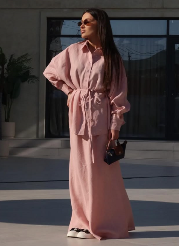 2026 Solid Color Lapel Tie Loose Long Sleeve Shirt High Waist Long Skirt Set