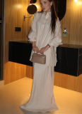 2026 Solid Color Lapel Tie Loose Long Sleeve Shirt High Waist Long Skirt Set
