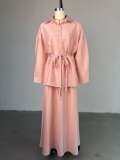 2026 Solid Color Lapel Tie Loose Long Sleeve Shirt High Waist Long Skirt Set