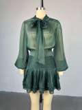 Fashion Bow Tie Belt Top High Waist Pleated Skirt Set