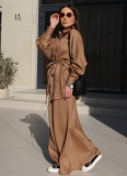 2026 Solid Color Lapel Tie Loose Long Sleeve Shirt High Waist Long Skirt Set