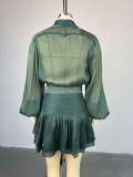 Fashion Bow Tie Belt Top High Waist Pleated Skirt Set