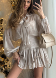 Fashion Bow Tie Belt Top High Waist Pleated Skirt Set