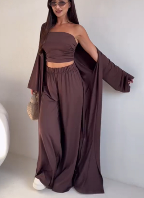 2026 Leisure Camisole Vest Long Cardigan Wide-leg Pants Three-piece Suit