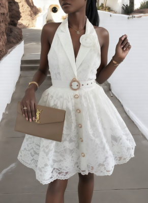 New Solid Color Sleeveless V-Neck Halter Backless Cardigan Dress