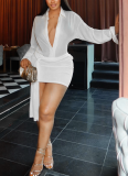 Sexy Deep V-neck Long-sleeved Ruffled Strappy Bodycon Mini Dress