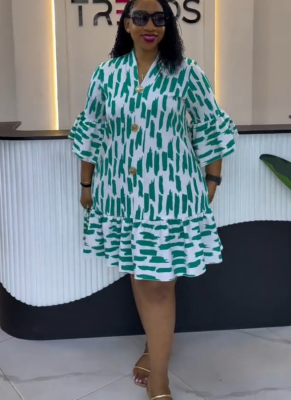 2026 Casual Printed Patchwork Ruffled Mid-Sleeve Loose Dress