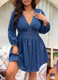 2026 New V-neck Fitted Waist Midi Denim Dress