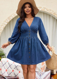 2026 New V-neck Fitted Waist Midi Denim Dress