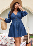 2026 New V-neck Fitted Waist Midi Denim Dress