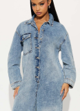 Casual Stretch Washed Long-Sleeved Flared Denim Jumpsuit