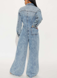 Casual Stretch Washed Long-Sleeved Flared Denim Jumpsuit